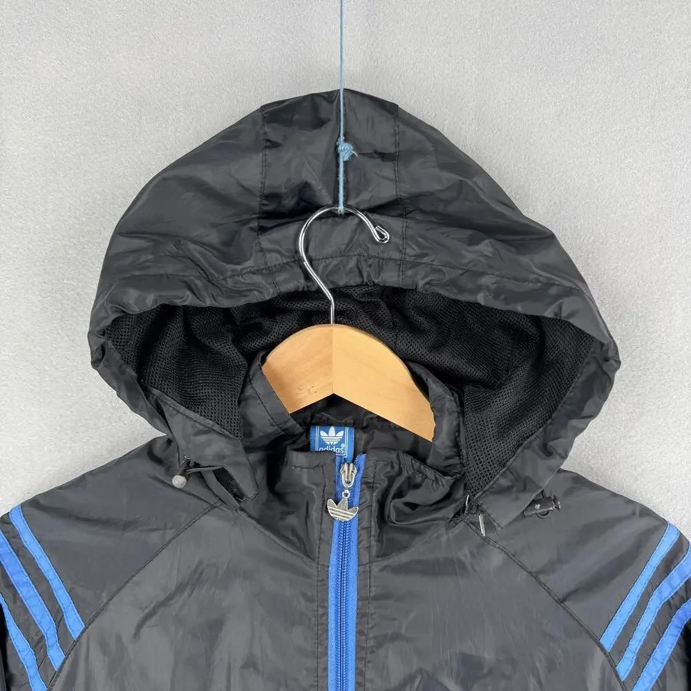 Vintage Adidas Originals Jacket Mens Medium Black Blue Hood Windbreaker Full Zip